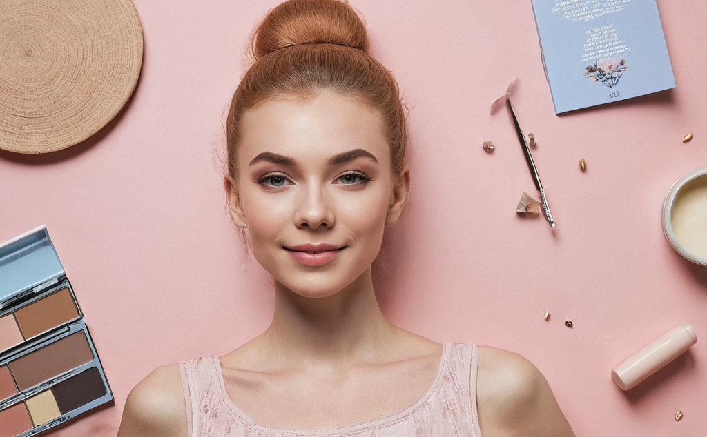 a woman is surrounded by makeup products on a pink background, a portrait, inspired by Emma Andijewska, trending on cg society, hair tied in a bun, pointè pose, smiling young woman, redhead girl